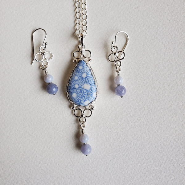 Porcelain and Silver Teardrop Pendant with Matching Earrings