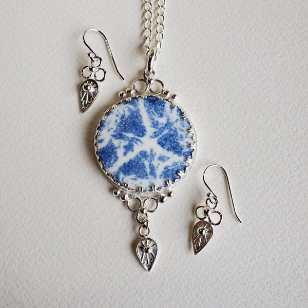 Porcelain and Silver Round Pendant with Matching  Hand Stamped Earrings