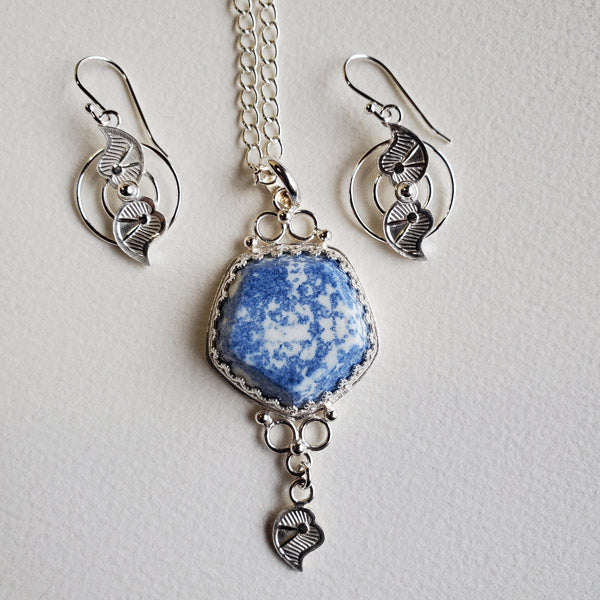 Porcelain and Silver Pentagon Pendant with  Swirl Earrings