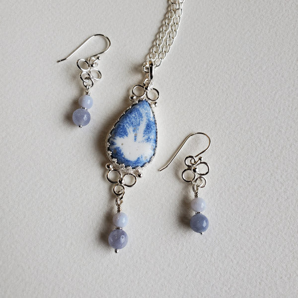 Porcelain and Silver Teardrop Pendant 1 with Matching Earrings