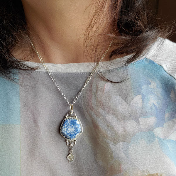 Porcelain and Silver Pentagon Pendant with  Swirl Earrings